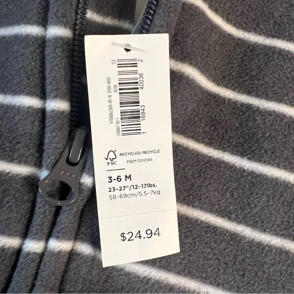 NWT Baby Fleece Bunting‎ Snowsuit Hood Sherpa Lined Winter One Piece Gray Stripe
